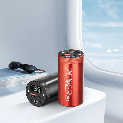 Top Shelf 4680 And 4695 Battery Case With Heavy Duty Shield, black and red power bank on a table near sunglasses.