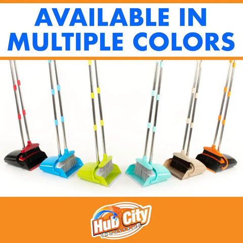 Kickass Heavy Duty Broom And Dustpan Combo Set With Long Commercial Handle For Lobby Kitchen Floor Sweep Up Solid Upright Grip Brush For Quick Interior Clean Up In Green in multiple colors displayed.