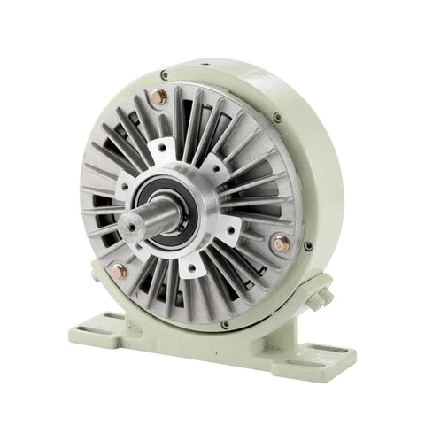 Electromagnetic powder brake with base; round silver housing on light-green stand, single shaft