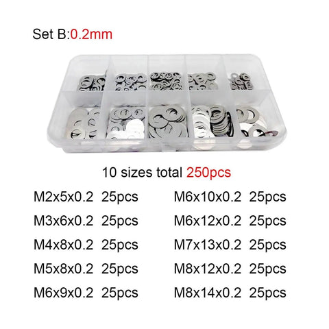 All In One Ultra Thin Stainless Washer Set With Shims 0.1 0.2 0.3mm For M2 To M8 304 Stainless Steel A2 70 250 Pcs Pack In Box Plain Gasket Kit To Reduce Axial Backlash, 0.2mm set in organizer