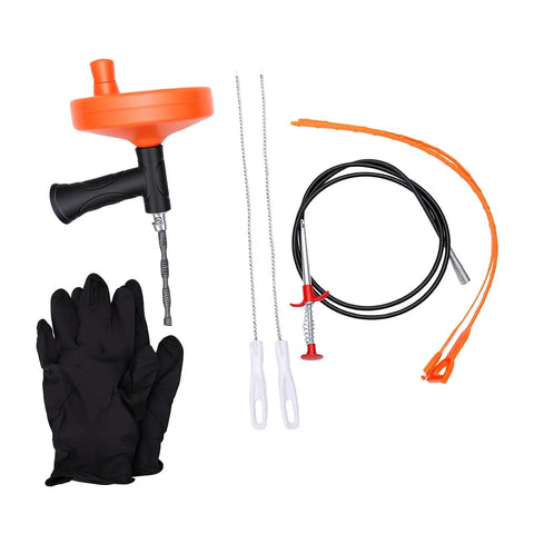 Heavy Duty Toilet Snake Auger And Pipe Clog Remover With Ergonomic Non Slip Handle, includes gloves and tools.