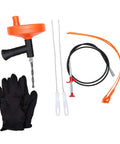 Heavy Duty Toilet Snake Auger For Sweeping Away Tough Pipe Clogs And Sink Gunk featuring tools, gloves, and an auger for quick plumbing.