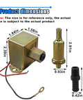 Universal 12V Electric Fuel Pump With Installation Kit dimensions showing iron housing and parts for easy install in vehicles.