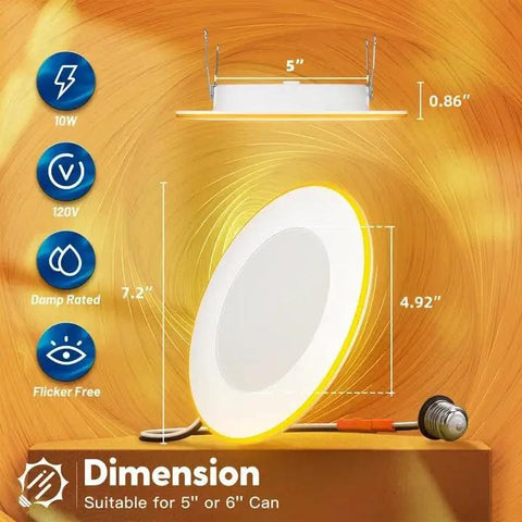 Slick 12 Pack Dual 5 And 6 Inch Led Recessed Downlights Featuring Adjustable 5Cct Color Temp Plus Integrated 2000K Night Light For No Fuss Wall Switch Control And Crisp Room Vibes showing dimensions and damp rated features.