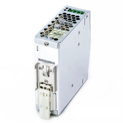 12V 120W DIN Rail Power Supply 10A Industrial PSU For PLCs, Sensors, And IO Modules, Rail-Mounted DC Power Unit With Global Input 90-264VAC And Wide 127-370V Range, silver metal housing with DIN rail clip