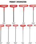 10 Piece T-Handle Hex Key Set, 9 Inch Wrenches, Mixed Inch And Metric Sizes displayed in a row showing size variations.