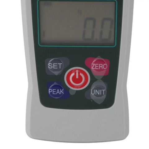 Digital Push Pull Force Tester 20N To 200N With Built In Sensor And Auto Backlit LCD Display For Quick Readouts, Storage Capable For Material Mechanics, Product Development And Quality Control, Rugged All Around Workhorse Force Meter front panel with LCD and control buttons