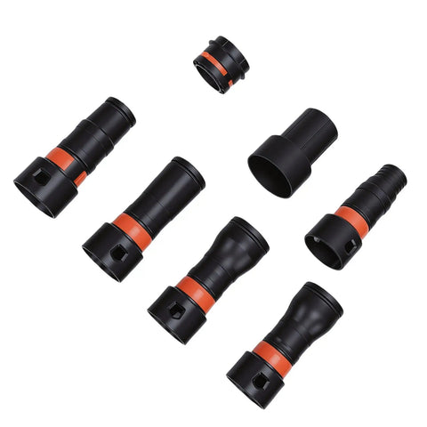 Upgraded 7 Pcs Dust Collection Hose Adapter Kit With Rotating Clamps For Shop Vac System Compatible Woodworking Tools Sanders And Power Equipment Quick Change Setup For Home Or Professional Workshop Projects, featuring black adapters with orange accents.