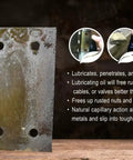 Eco Friendly Multipurpose Lubricant Spray Penetrating Oil For Auto Home Bike RV Removes Surface Rust And Lubricates Penetrates Quickly Cleans 8 Oz Bottle being applied to a metal hinge by a gloved hand.