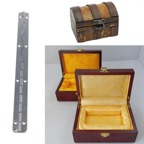 Heavy Duty Antique Silver Piano Hinges Pair With Screws For Woodworking Cabinet Repair And Jewelry Box Assembly Slick Vintage Finish Badass Construction Quality, shown with decorative boxes.