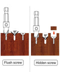 Diagram showing two drilling methods for Countersink Drill Bit Set With Hex Shank For Woodworking And DIY Projects Ten Piece Multi Size Kit.