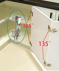 2 Pack 165 Degree Soft Close Cabinet Hinges for Frameless Full Overlay Cabinets installed showing 165° swing angle.