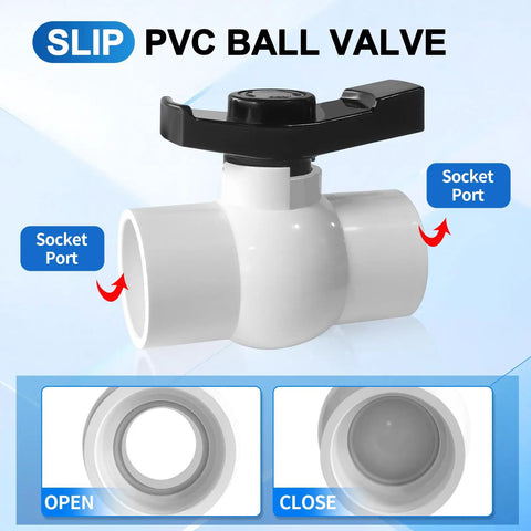 2-Pack One And One-Half Inch Slip PVC Ball Valves With Double Socket Full-Flow Port DIY Friendly Water Shut Off Valve display