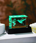 Crystal Hummingbird Laser Engraved 3D Figurine Gift For Her And Him on LED base, glowing green, K9 crystal block display.
