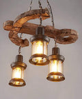 Industrial Hanging Lantern Chandelier With Three Lights, Loft Style Wooden Anchor Pendant Lighting Fixture, 21.5 Inch Wide, 39 Inch High