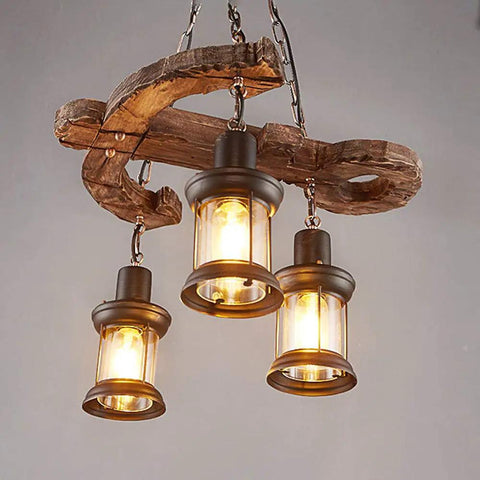 Industrial Hanging Lantern Chandelier With Three Lights, Loft Style Wooden Anchor Pendant Lighting Fixture, 21.5 Inch Wide, 39 Inch High