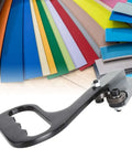 Manual Hand Pull Sheet Cutter For Metal And Plastic No Power Needed. Portable cutter with colorful sheet samples.