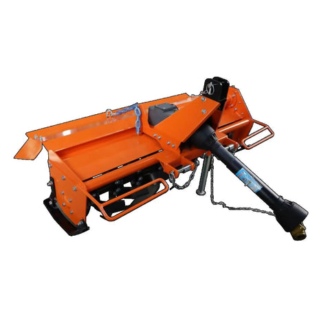 3 Point Rotary Tiller Attachment For Cat 1 Tractors With PTO Drive And 540 RPM Gearbox, side view showing tines and gearbox