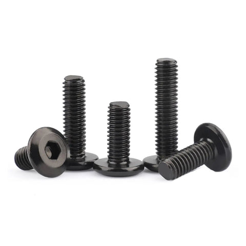 Black Zinc Flat Head Hex Socket Machine Screws M6x12mm For Furniture Assembly Heavy Duty Woodworking Bolts on a white background.