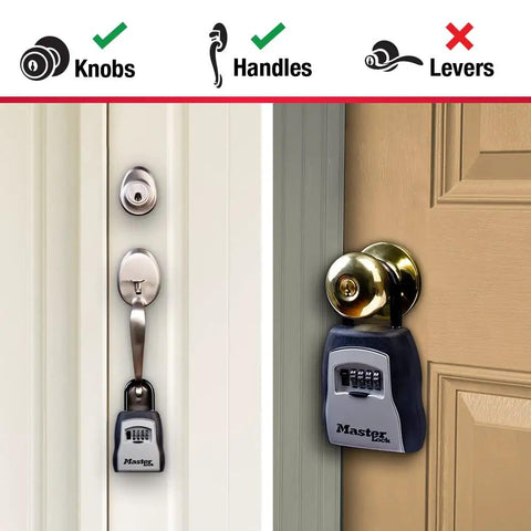 Outdoor 4 Digit Code Key Lock Box Holds 5 Keys 3 Pack attached to door knobs and handles, showing compatibility and easy reset.