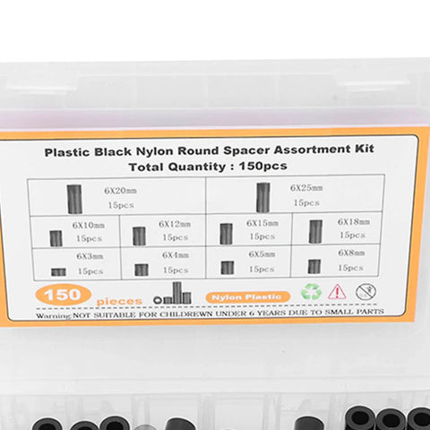 150 Piece Nylon Spacer Set Assortment For DIY And Pro Projects Black Round Post Spacers Plastic Washer Shims For Screws Hardware Standoff Kit Durable Lightweight Spacing Solutions, 6x3-25mm box