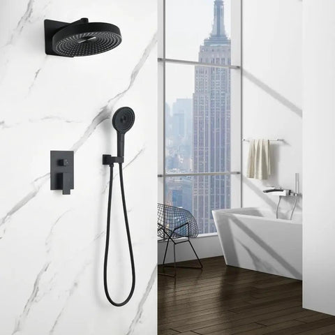 Shower System, 2-Function Concealed Set with Solid Brass Control Valve in modern bathroom with city view.