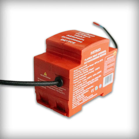 Auto Trigger Aerosol Fire Suppressor for Electrical Cabinets and Control Panels Zero Wiring Required Compact Heat Activated Extinguisher Stops Blazes in Seconds, red device with wire connection.