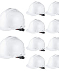 10 Pack Suspension Hard Hats With Ratchet Cap Style And Self Adjusting Crown Straps, Adjustable 550 To 650 Millimeter Fit