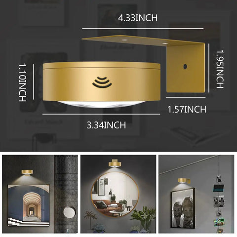 Dimensions of Three Pack Wireless Battery Operated Picture Lights With Remote And Timer For Art Frames in gold finish.