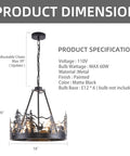 8-Light Wagon Wheel Chandelier In Black, Industrial Farmhouse Round Pendant Light for Kitchen Island, Dining Room specs