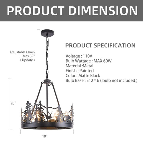 8-Light Wagon Wheel Chandelier In Black, Industrial Farmhouse Round Pendant Light for Kitchen Island, Dining Room specs