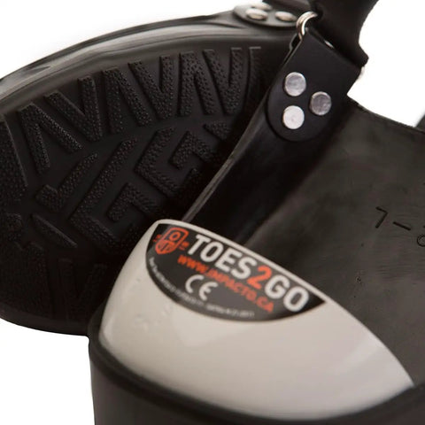 Close-up of black Toes2Go Steel Toe Cap Overshoe Heavy Duty Waterproof PVC Work Shoe Covers, showing tread and label.