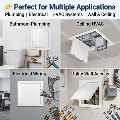Top Shelf Heavy Duty Aluminum Access Panel Door For Drywall And Ceiling, showing multiple application areas like plumbing and HVAC access.