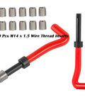 10 Pcs M14x1.5 Wire Thread Inserts with red installation tool, part of the 15 Piece M14x1.5 Thread Repair Kit With Helicoil Inserts, HSS Drill Bits And Taps For Auto Repair And Motorcycle Maintenance, Gearhead Approved Durable Steel Set For Easy Thread Restoration And Quick Vehicle Fixes.