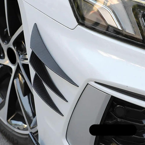 12 Piece Universal Car Spoiler Canards Kit with front bumper lip splitter on white car showing carbon fiber black fins
