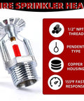 Straight Up Heavy Duty Six Pack Copper Chrome Fire Sprinkler Heads 1/2 Inch NPT Pendent Style showing copper housing and fast response features.