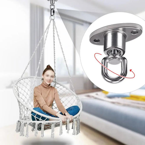 Person sitting in a swing chair supported by Silent Ball Bearing Swing Hangers, Heavy Duty 360 Degree Rotating Swing Swivel Hooks, indoor setting.