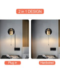 Plug In Wall Sconce Set With Chain Switch Adjustable Angle Gold Wall Lamps For Reading Bedroom Living Room Lit Modern Industrial Aluminum Fixtures Two Pack With Two LED Bulbs showing plug-in and hardwired options