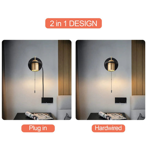 Plug In Wall Sconce Set With Chain Switch Adjustable Angle Gold Wall Lamps For Reading Bedroom Living Room Lit Modern Industrial Aluminum Fixtures Two Pack With Two LED Bulbs showing plug-in and hardwired options
