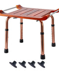 No Slip Teak Shower Bench With Adjustable Height For Indoor Shower Bath And Sauna showing aluminum handrail, teak seat, black feet.