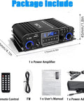 4 Channel Bluetooth 5.0 HiFi Power Amplifier With 50W Per Channel And 1200W Max, remote, power adapter, and FM included