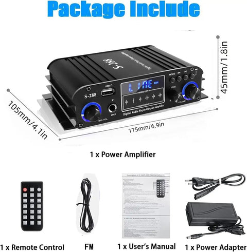 4 Channel Bluetooth 5.0 HiFi Power Amplifier With 50W Per Channel And 1200W Max, remote, power adapter, and FM included