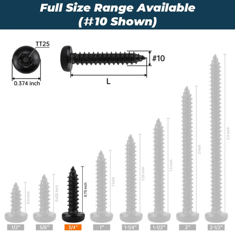 Pro Shop Grade Heavy Duty Black Pan Head Self Tapping Screws Size Ten By Three Quarter Inch Security Torx Drive 304 Stainless Steel.