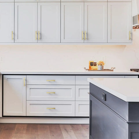 Super Dope Brushed Gold Cabinet Pulls For Kitchen And Bathroom Drawers 3 Inch Hole Centers Smooth Handle Set 10 Pack on white cabinetry