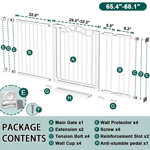 Package contents for Extra Wide Press Mounted Baby Gate For Indoor Openings 65 To 68 Inches Walk Through No Drill Easy Install