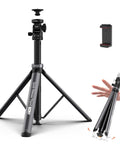Auto Open 83.4 Inch Light Stand with Quick Release Ball Head shown extended, includes portable foldable design and phone mount.