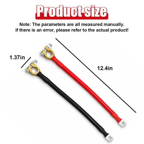 Heavy Duty 2AWG Battery Power Cables Set With Pure Copper Lugs And Connector Clamps For 12V 24V Cars Trucks Boats RV Plus Straight Up Reliable Electrical Hookup Everyday, size dimensions with red and black cables.