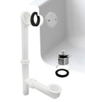 No Sweat Setup Twist Close Bath Waste And Overflow Kit Featuring Slick Leak Proof Design showing white polypropylene drain components.
