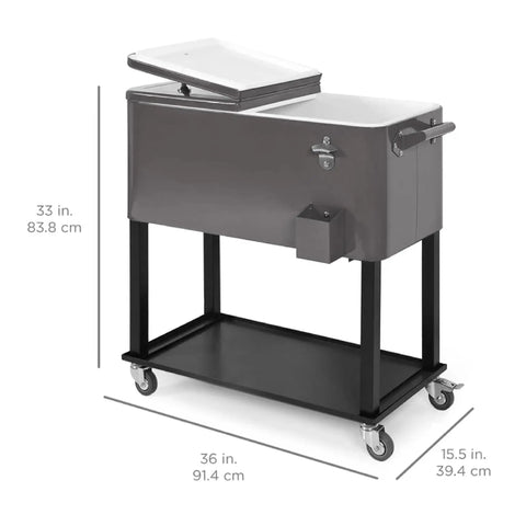 Outdoor 80 Quart Steel Rolling Cooler Cart With Ice Chest Bottle Opener Drain Plug And Locking Wheels Party Ready On The Go