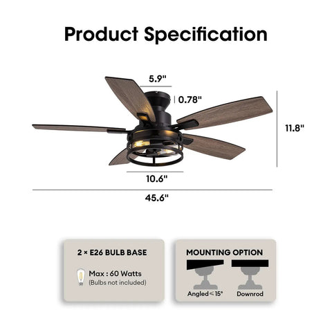 Diagram showing specifications of the 46 Inch Ceiling Fan With Lights And Remote Control, Matte Black Flush Mount Ceiling Fan For Bedroom And Living Room, Industrial Retro Style, Indoor Use, Reversible Wooden Blades With Energy Saving LED Light.
